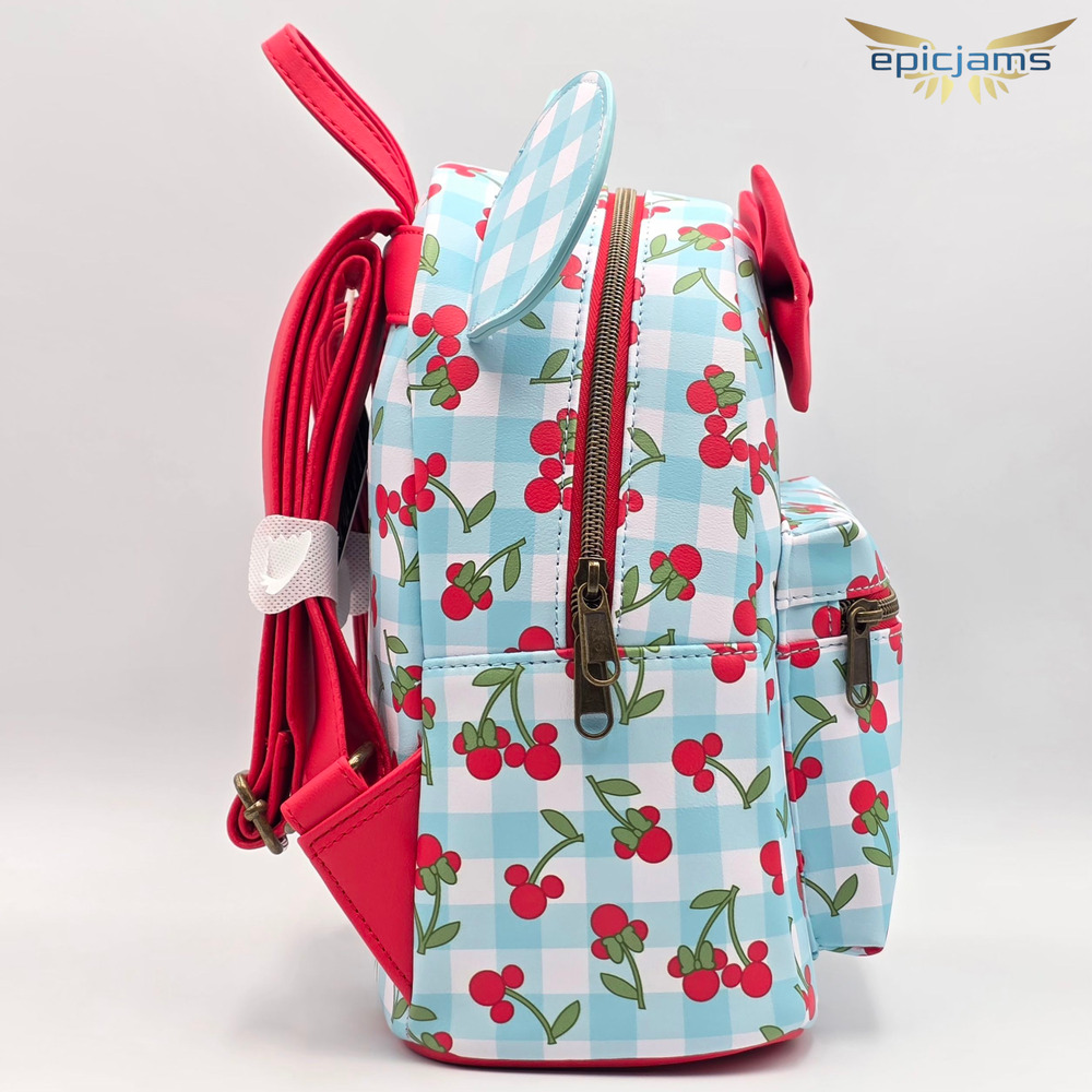 Loungefly Disney Minnie Mouse Gingham Cherry Blue Mini Backpack Bag New - Picture 4 of 5